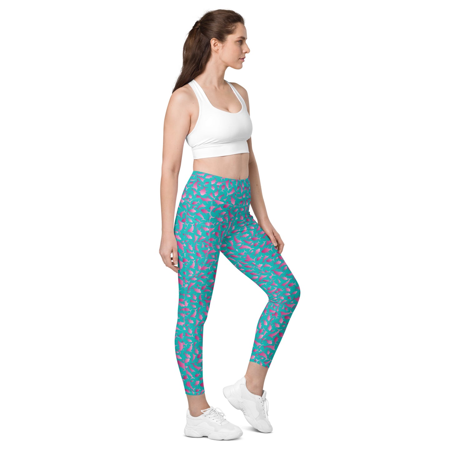 Marlin Tuna Scatter pink ombré on teal Leggings with pockets