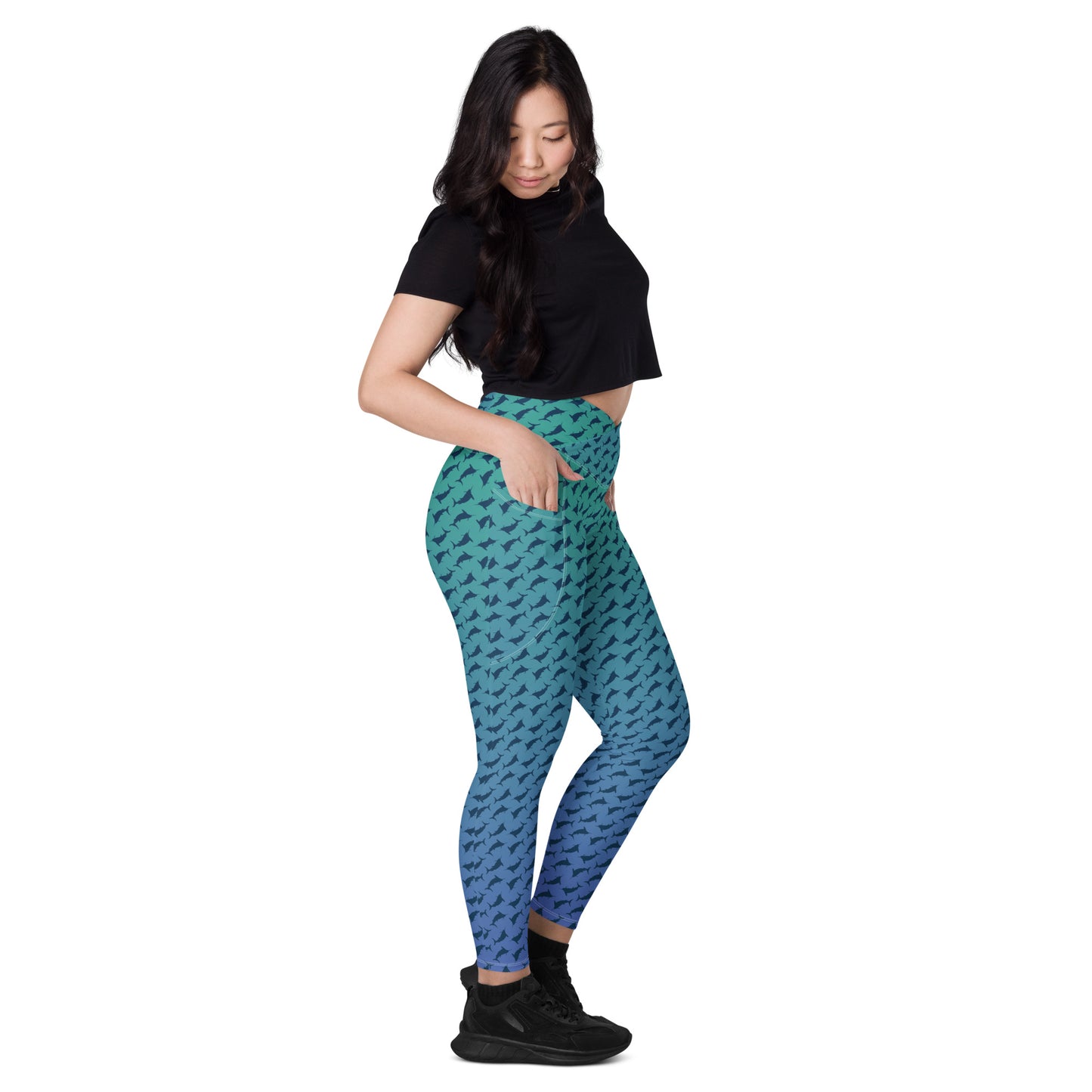 Blue green ombré Navy Marlin Crossover leggings with pockets