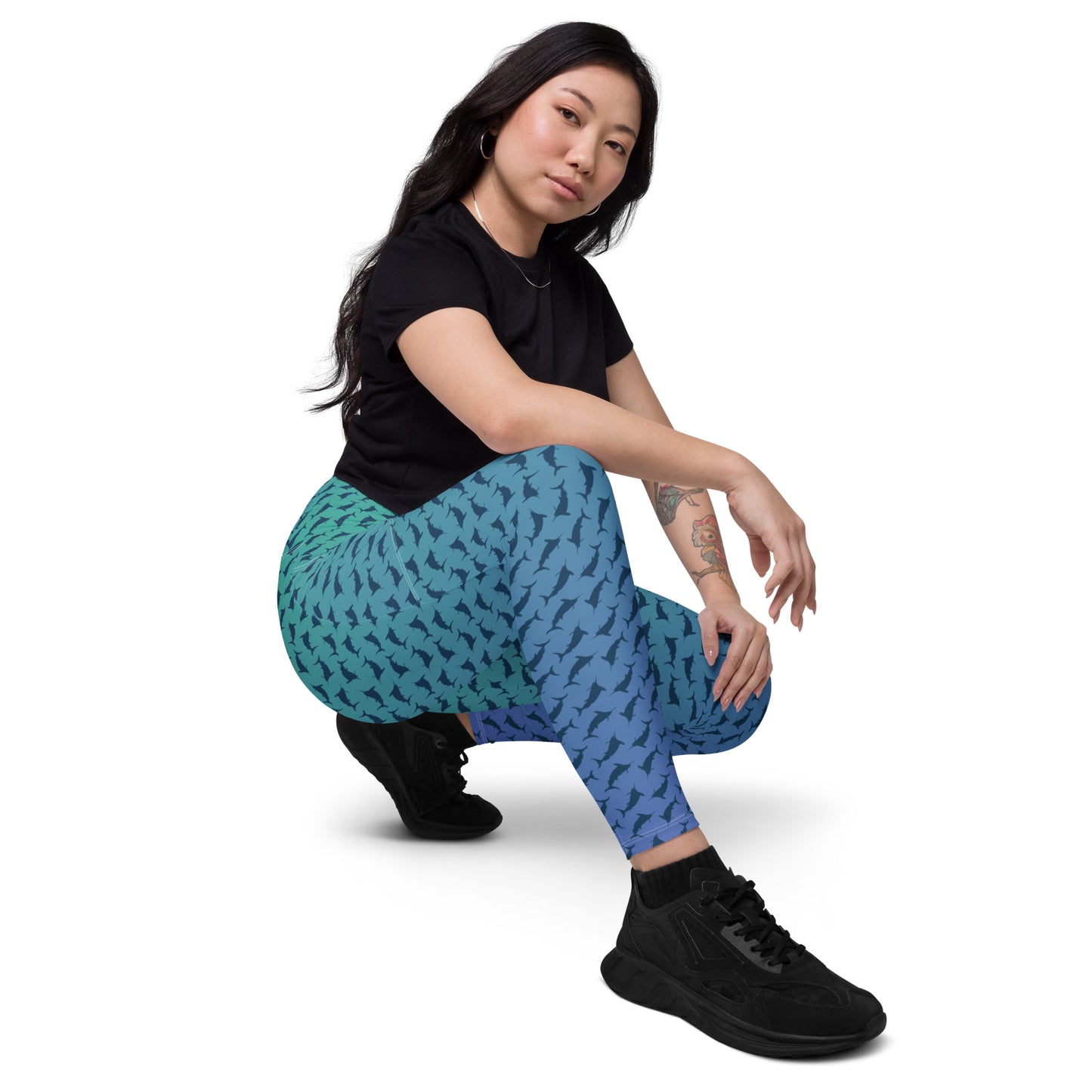 Blue green ombré Navy Marlin Crossover leggings with pockets