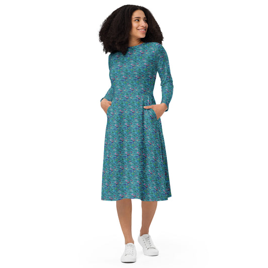 Technicolor Tuna on teal All-over print long sleeve midi dress