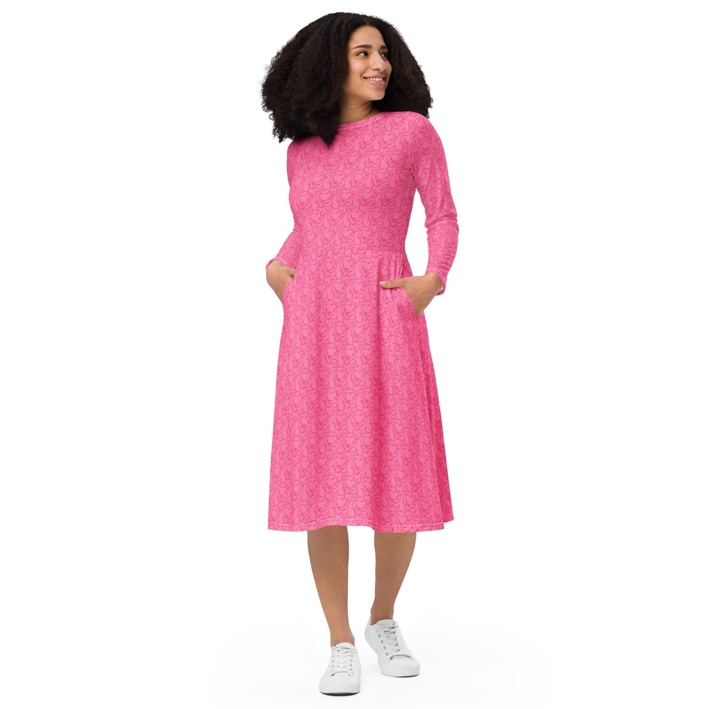 Grand slam pink All-over print long sleeve midi dress