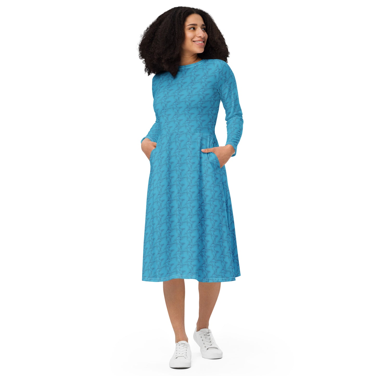 Swordfish Sketch All-over print long sleeve midi dress