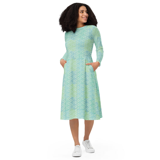 Marlin block All-over print long sleeve midi dress