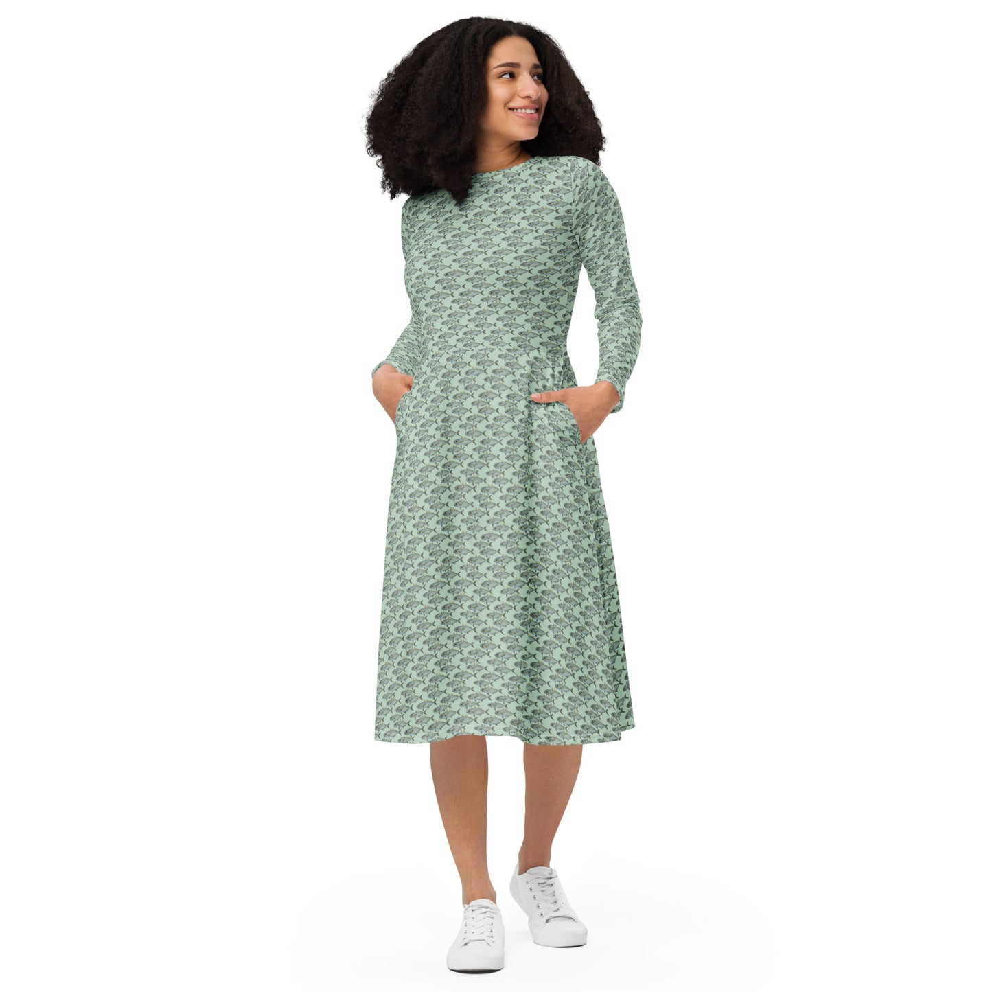 Goggle Eye All-over print long sleeve midi dress