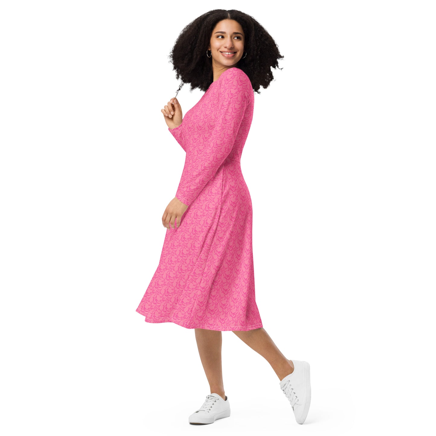 Grand slam pink All-over print long sleeve midi dress